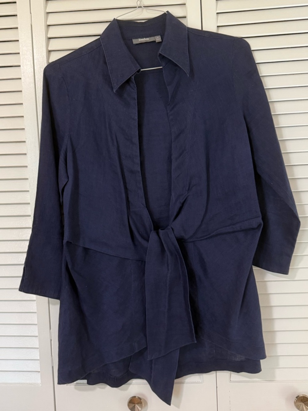 Neiman Marcus Navy Open Front Wrap Top